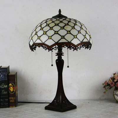 Lámpara de mesa de 2 luces con cordón de tiro en forma de cono de vidrio teñido estilo Tiffany Mediterráneo 