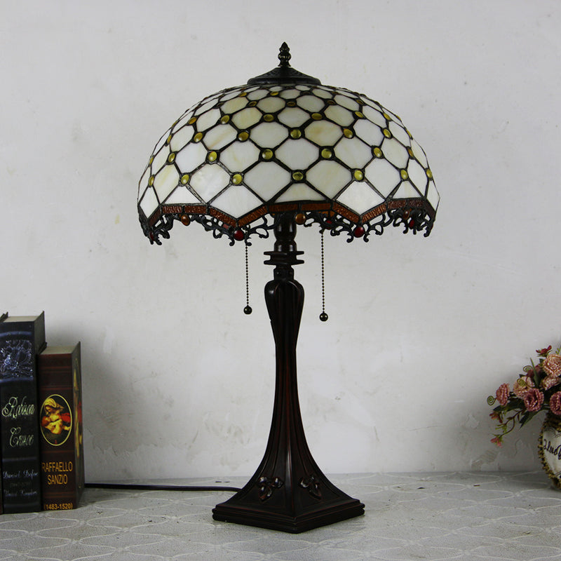 Lámpara de mesa de 2 luces con cordón de tiro en forma de cono de vidrio teñido estilo Tiffany Mediterráneo 