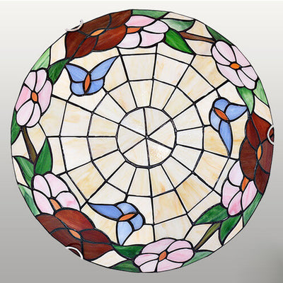 European Tiffany Round Flower Stained Glass 2/3 Light Flush Mount Ceiling Light