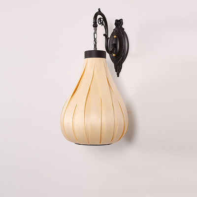 Vintage Southeast Asian Wood Veneer Oval Jar 1-Light Wall Sconce Lamp