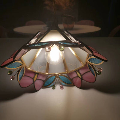 Japanese Nordic Brass Butterfly Stained Glass Cone 1-Light Pendant Light