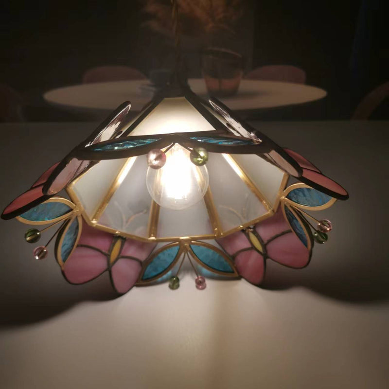 Japanese Nordic Brass Butterfly Stained Glass Cone 1-Light Pendant Light