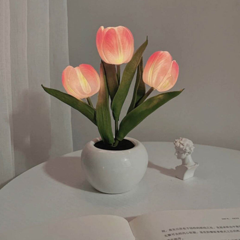 Tulip Simulation Bouquet Ceramic Flower Pot LED Night Light Table Lamp