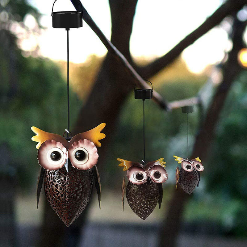 Lumière suspendue extérieure LED solaire étanche en fer forgé creux avec motif de hibou 