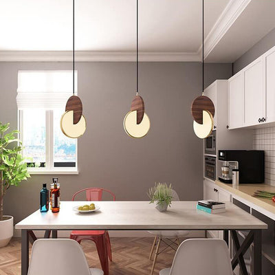 Modern Walnut Solid Wood Round Dish 1-Light LED Pendant Light