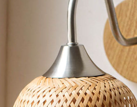 Modern Bamboo Weaving Handwoven Round Lampshade 1-Light Wall Sconce Lamp