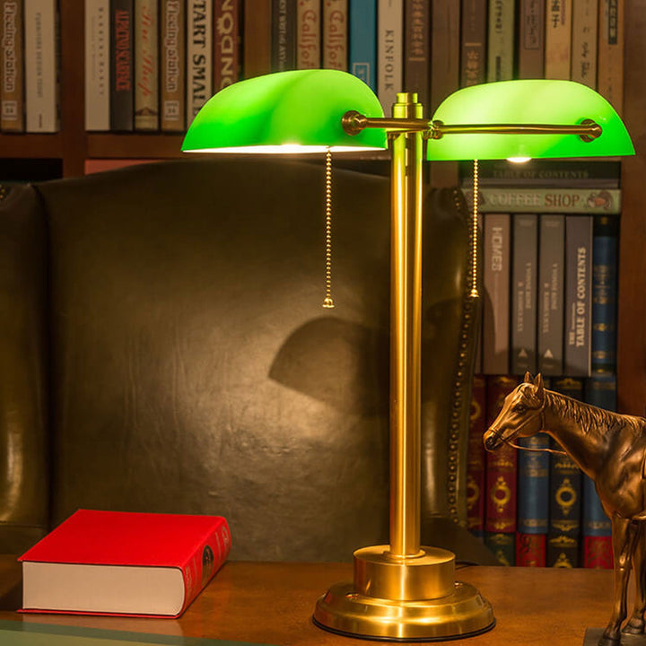 Vintage Green All Brass 2-Light Bank Pull Cord Touch Table Lamp