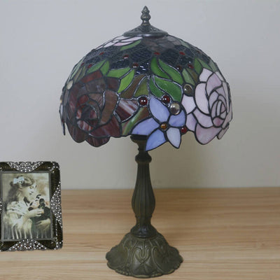 European Vintage Rose Stained Glass 1-Light Table Lamp