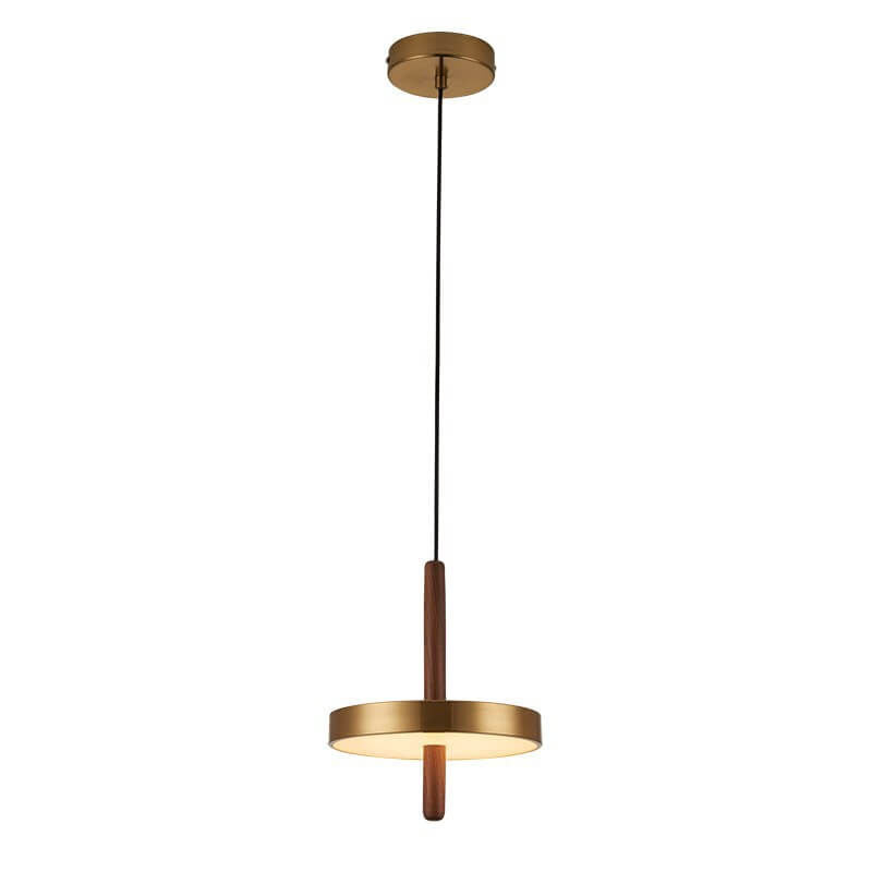 Vintage Walnut Flat Round Brass LED Pendant Light