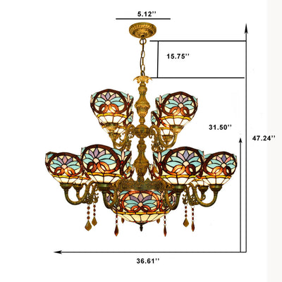 Chandelier européen style Tiffany amour baroque en verre teinté à 15 lumières 