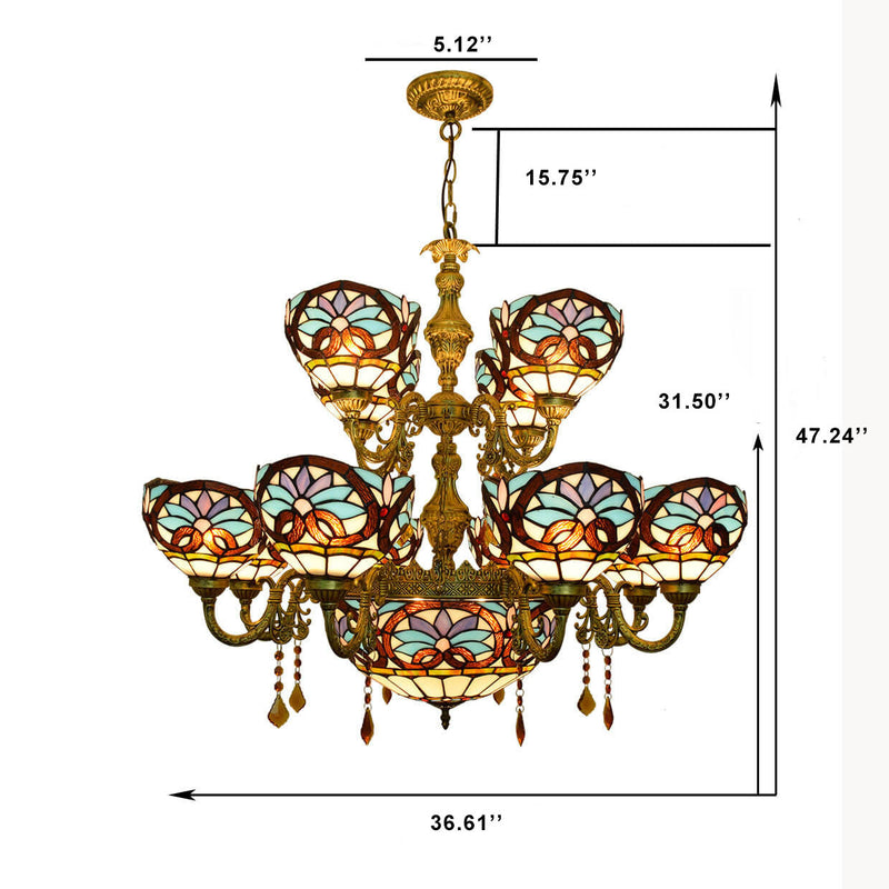 Chandelier européen style Tiffany amour baroque en verre teinté à 15 lumières 