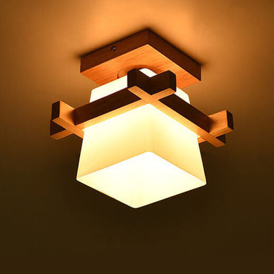 Modern Wooden Square Cube 1-Light Semi-Flush Mount Ceiling Light