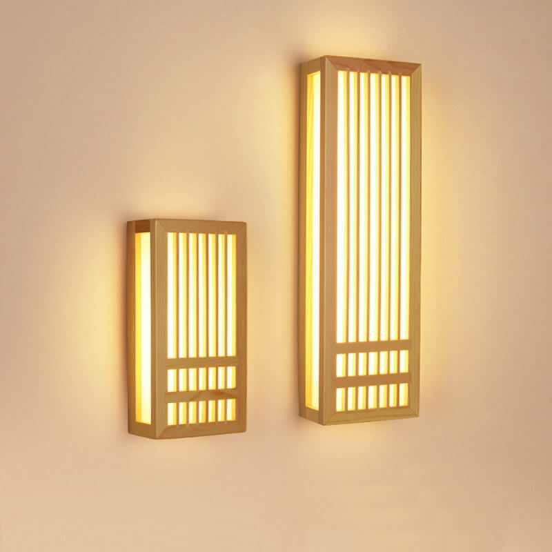 Simple Solid Wood Rectangular Dimmable 1-Light Japanese Wall Sconce Lamp