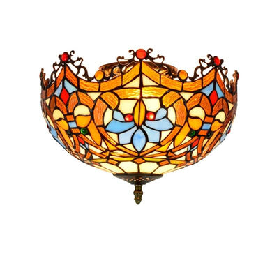 Vintage Tiffany Stained Glass Bowl Shape 2-Light Flush Mount Ceiling Light