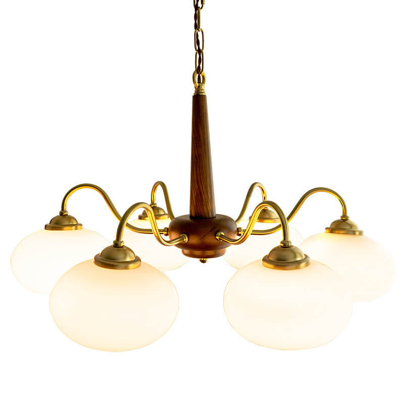 Vintage Walnut Glass Shade 4/6-Light Chandelier