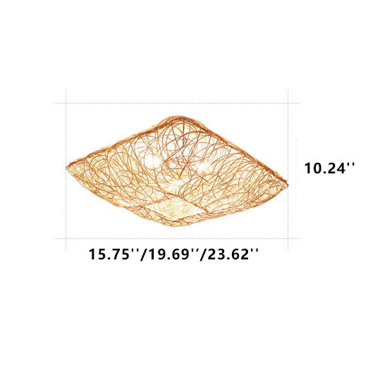 Modern Rattan Weaving Nest Square Shape 3-Light Flush Mount Ceiling Light