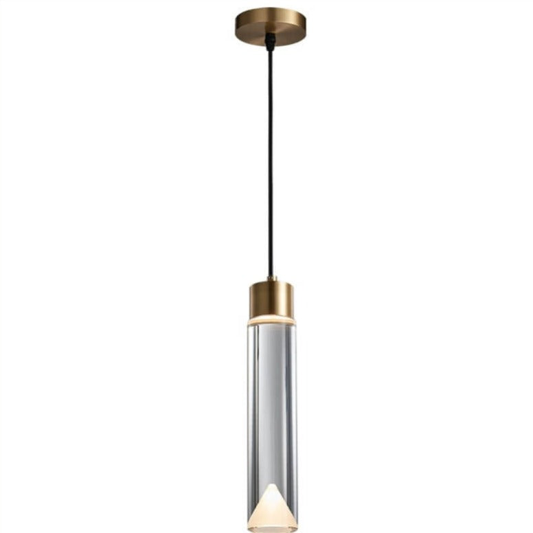 Moderne minimalistische kristallzylindrische Messing-LED-Pendelleuchte 