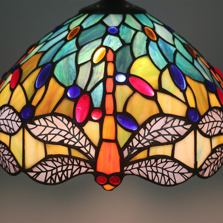 Lámpara colgante de 1 luz con pantalla de vidrio Tiffany Retro Dome Dragonfly 