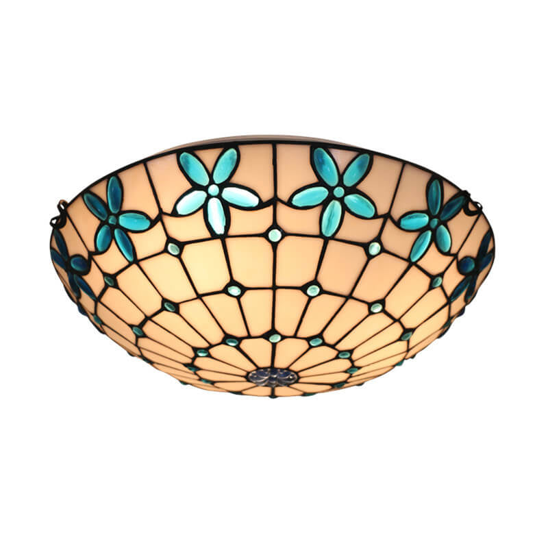 Tiffany Vidriera Flor Lila Forma de Cuenco 3/4 Luz de Montaje al Ras en Techo 
