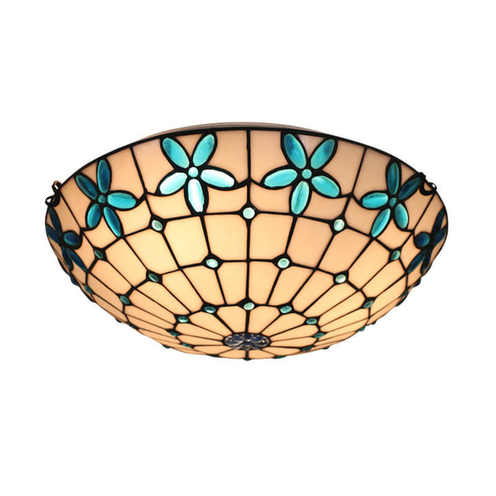 Tiffany Vidriera Flor Lila Forma de Cuenco 3/4 Luz de Montaje al Ras en Techo 