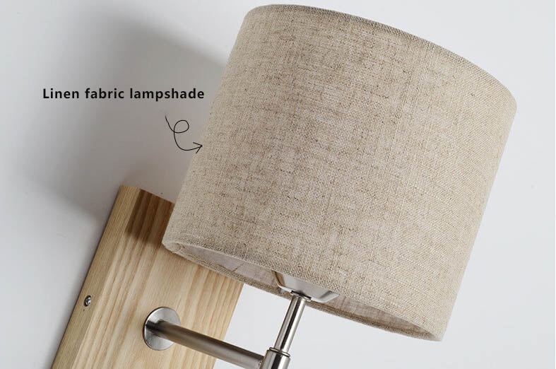 Aplique de pared de 1 luz con base de madera y pantalla de tela moderna 