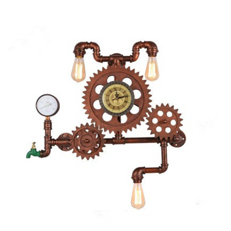 Vintage Industrielle Zahnrad Wasserrohr Uhr 3-Licht Wandleuchte 