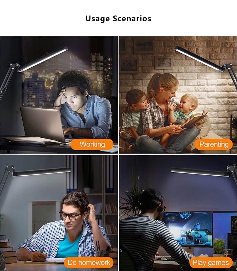 Lampe de bureau de lecture USB à pince à bras long pliable à LED pour protection des yeux