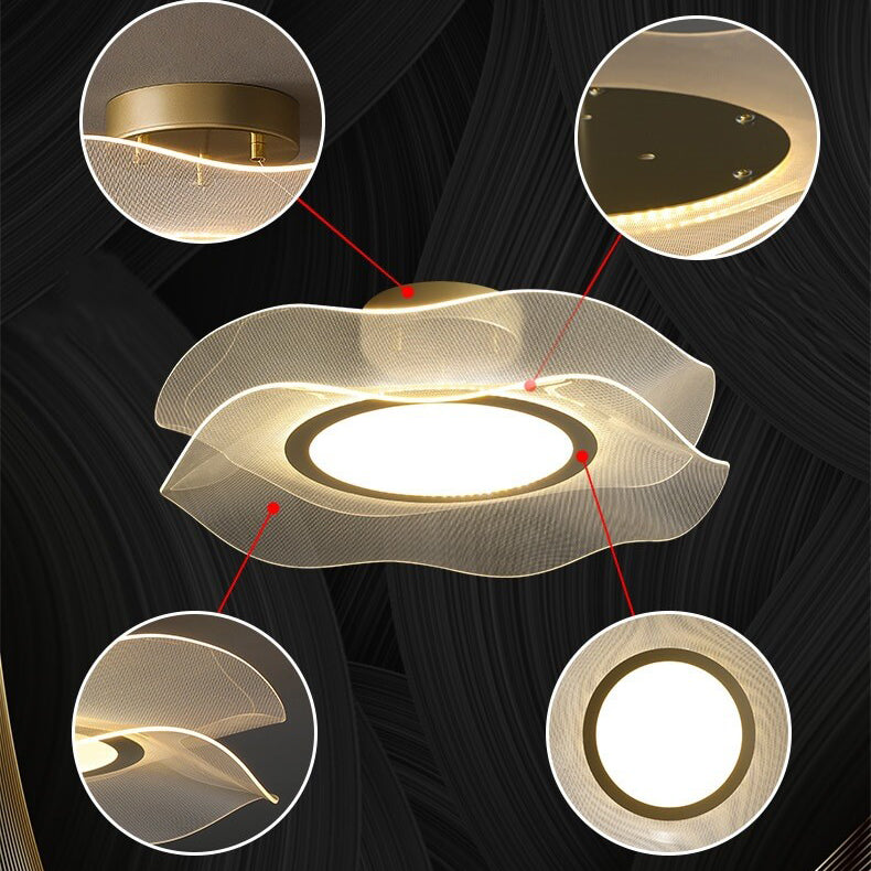 Lustre Plafonnier Semi-Encastré LED Feuille de Lotus Ronde en Acrylique de Luxe Créatif 