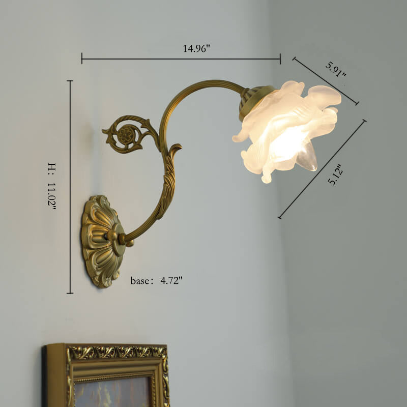 French Vintage Brass Glass Flower 1-Light Wall Sconce Lamp