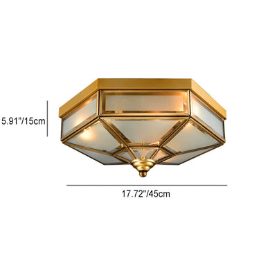 Traditional European Polygonal All Copper Glass 3/4 Light Flush Mount Ceiling Light For Living Room