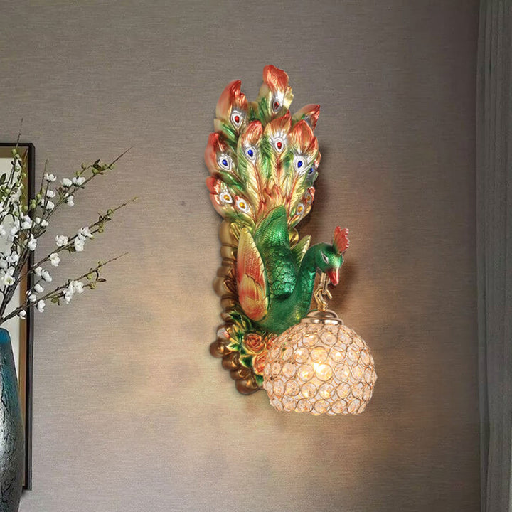 Applique murale européenne créative en résine de paon, abat-jour en verre, 1 lumière 