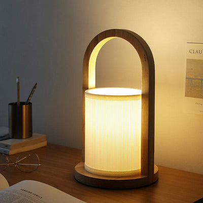 Nordic Fabric Column Solid Wood Portable Design 1-Light Table Lamp