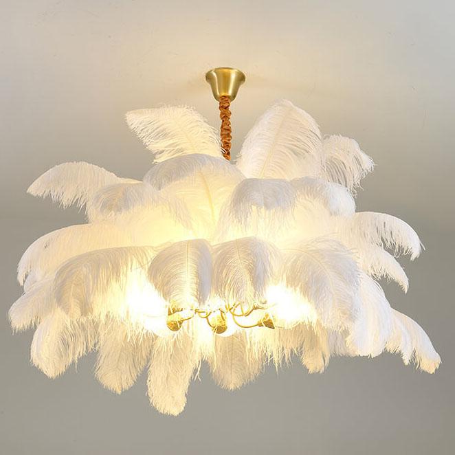 Modern Ostrich Feather 6-Light Brass Chandeliers