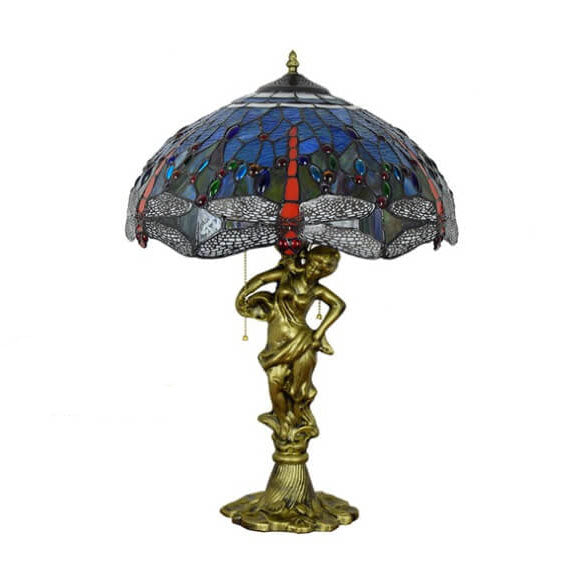Tiffany Mediterrane Libelle Buntglas-3-Licht-Reißverschluss-Tischlampe