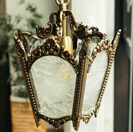 Vintage Brass Ice Flower Glass 1-Light Pendant Light