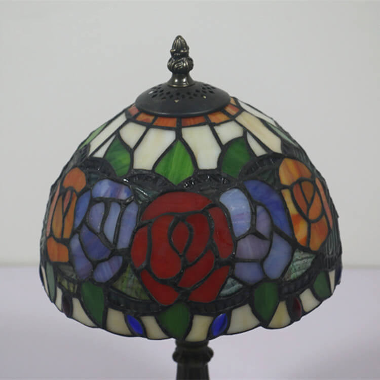 Retro Tiffany Flowering Rose Stained Glass 1-Light Table Lamp