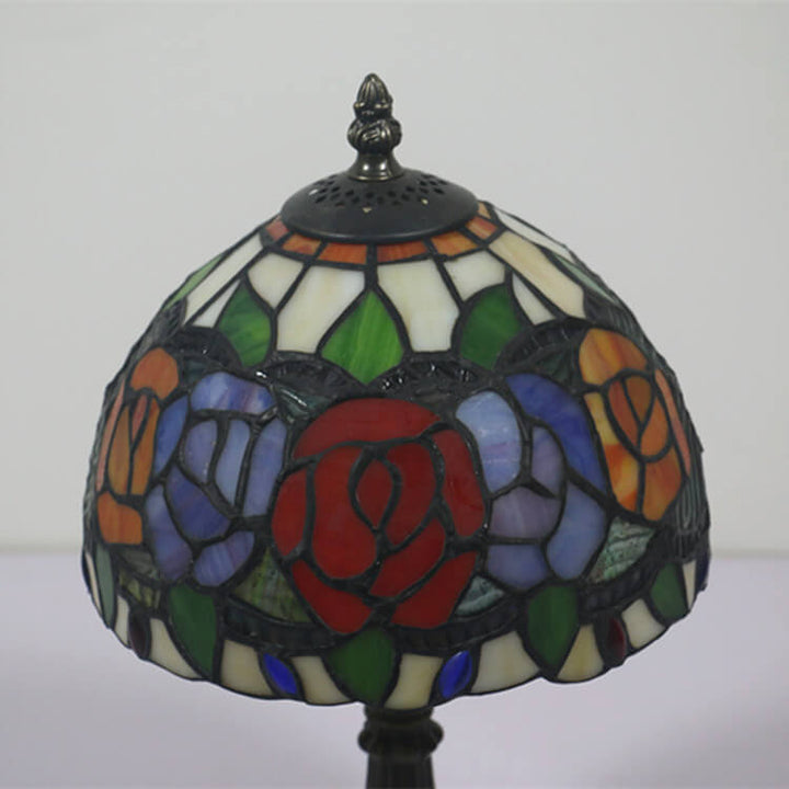 Retro Tiffany Flowering Rose Stained Glass 1-Light Table Lamp