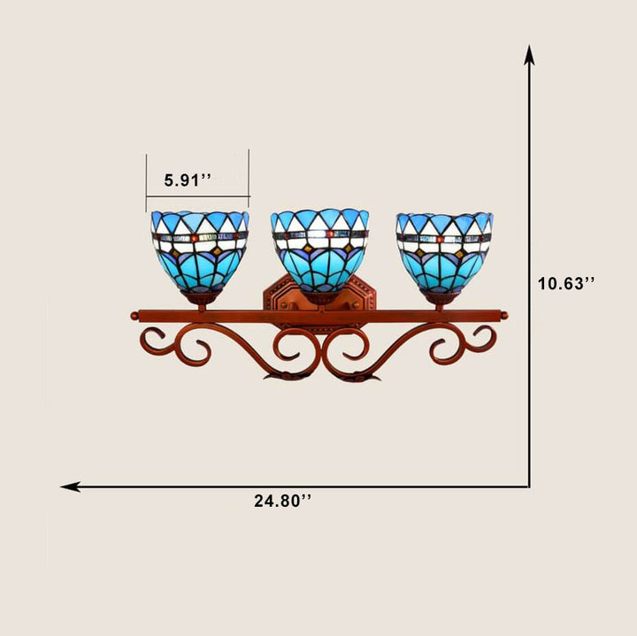 Tiffany Mittelmeerblaues Buntglas 3-Licht Wandlampe 
