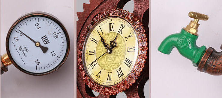 Vintage Industrielle Zahnrad Wasserrohr Uhr 3-Licht Wandleuchte 