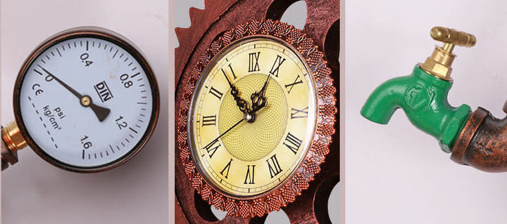 Vintage Industrielle Zahnrad Wasserrohr Uhr 3-Licht Wandleuchte 