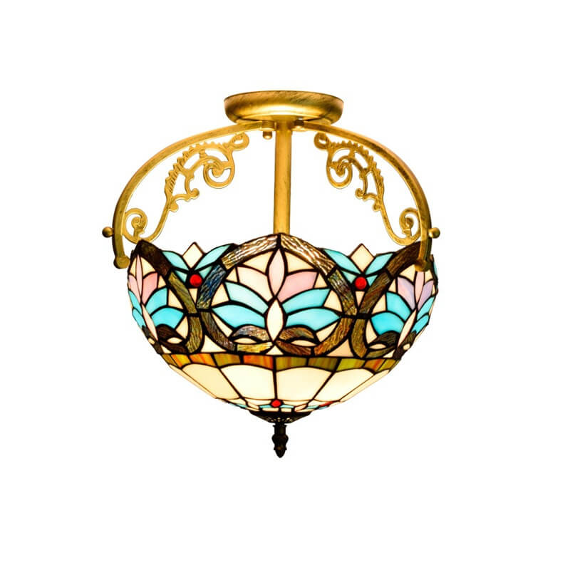 Tiffany Mediterranean Blue Stained Glass 2-Light Semi-Flush Mount Ceiling Light