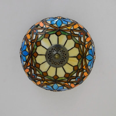 Vintage Tiffany Stained Glass Bowl Shape 2-Light Flush Mount Ceiling Light