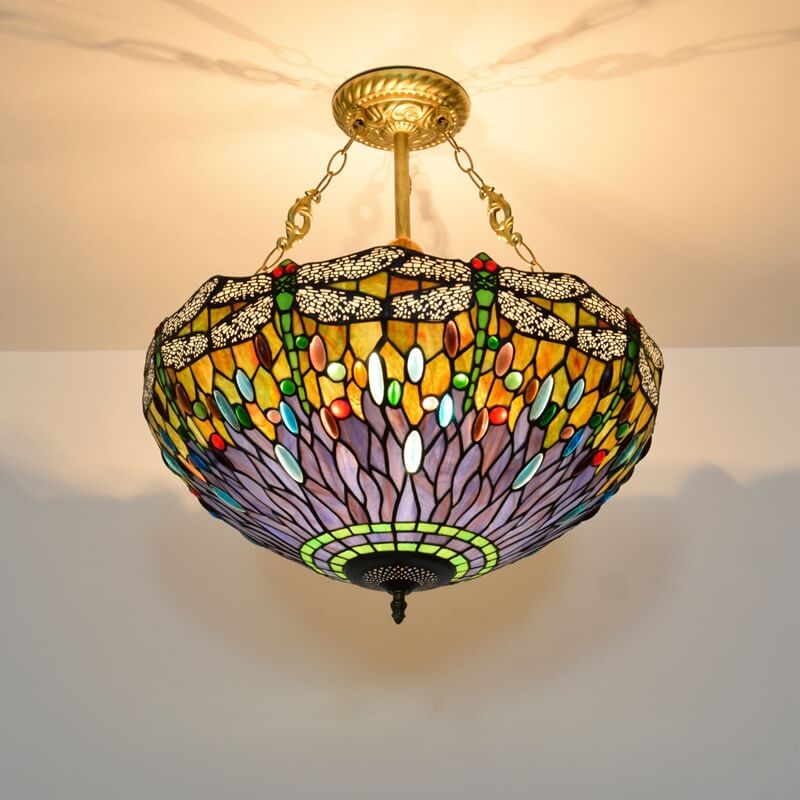 Vintage Tiffany Dragonfly Stained Glass 3-Light Chandelier