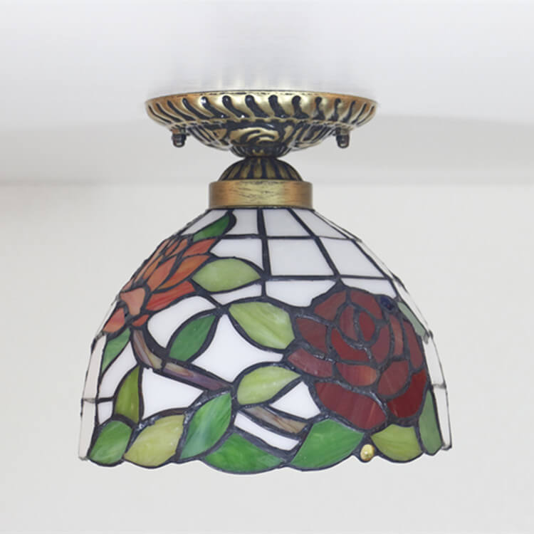 Vintage Tiffany Red Rose Glass 1-Light Semi-Flush Mount Deckenleuchte 