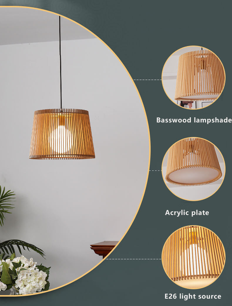 Modern Wood Bucket 1-Light Japanese Pendant Light