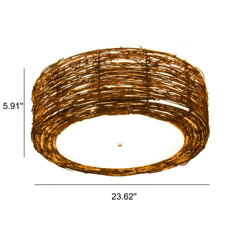 Rustikale Vintage-Rattan-Geflecht-runde 1-Licht-Unterputz-Deckenleuchte 