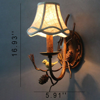 Vintage Stoff Vogel Tannenzapfen Harz 1/2 Licht Wandleuchte Lampe 