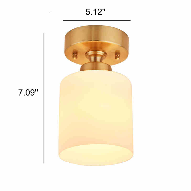 Modern White Glass Cylinder Brass 1-Light Semi-Flush Mount Ceiling Light