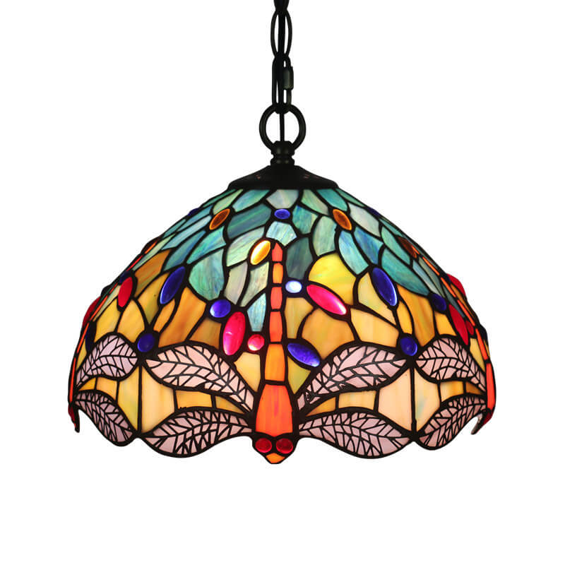 Lámpara colgante de 1 luz con pantalla de vidrio Tiffany Retro Dome Dragonfly 