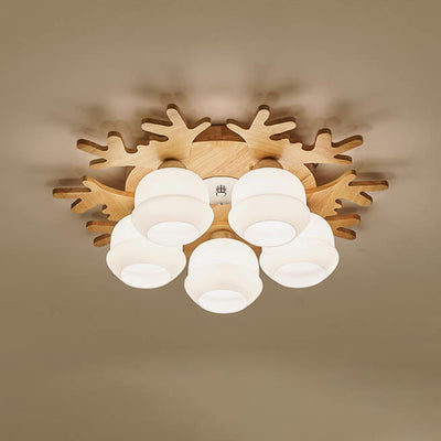 Nordic Solid Wood Antler Frosted Glass Round Shade 3/5/7 Light Flush Mount Ceiling Light